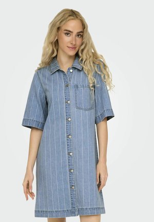 Denim button-up dress with short sleeves, featuring light blue fabric, vertical white stripes, a chest pocket, and a relaxed fit.