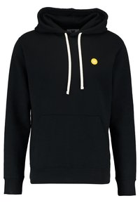 Black hooded sweatshirt with white drawstrings, front pocket, and a small yellow logo on the chest. Cotton material, casual fit.