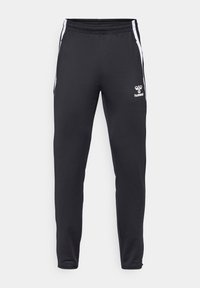 Črne športne hlače slim fit z belimi stranskimi črtami in elastičnim pasom, z majhnim belim Hummel logotipom na sprednjem desnem delu noge.