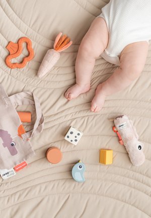 Jouets pour bébé variés sur une surface beige : carotte en caoutchouc, anneau de dentition en silicone, lapin en peluche, blocs en bois et un sac fourre-tout en coton avec un motif d'animaux.
