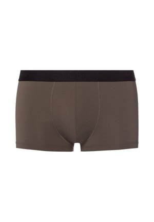 Boxer briefs marroni con una cintura elastica nera che presenta un brand in rilievo. Realizzati in un tessuto liscio e elasticizzato con finiture cucite.