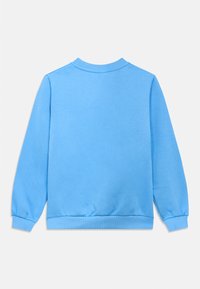 Jasnoniebieska bluza z okrągłym dekoltem, ściągaczami na mankietach i dole. Gładka tekstura, bez widocznych wzorów ani zdobień. Widok od tyłu.