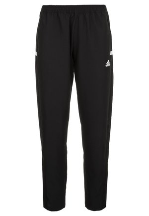 Schwarze Adidas Sporthose mit elastischem Bund, zulaufenden Beinen und weißem Logo am oberen rechten Oberschenkel.