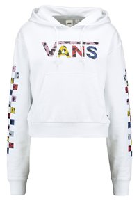 Witte cropped hoodie met het "VANS" logo in kleurrijke patronen. Voorzien van een voorzak en gestreepte patronen op beide mouwen. Zachte stof.