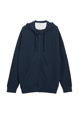 Marineblaue Kapuzenjacke mit Reißverschluss, Fronttaschen, Kordelzug an der Kapuze und gerippten Bündchen, dargestellt auf weißem Hintergrund.