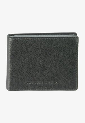 Black leather wallet with a textured finish, featuring a fold-over design and embossed logo on the front, slim profile for easy storage.