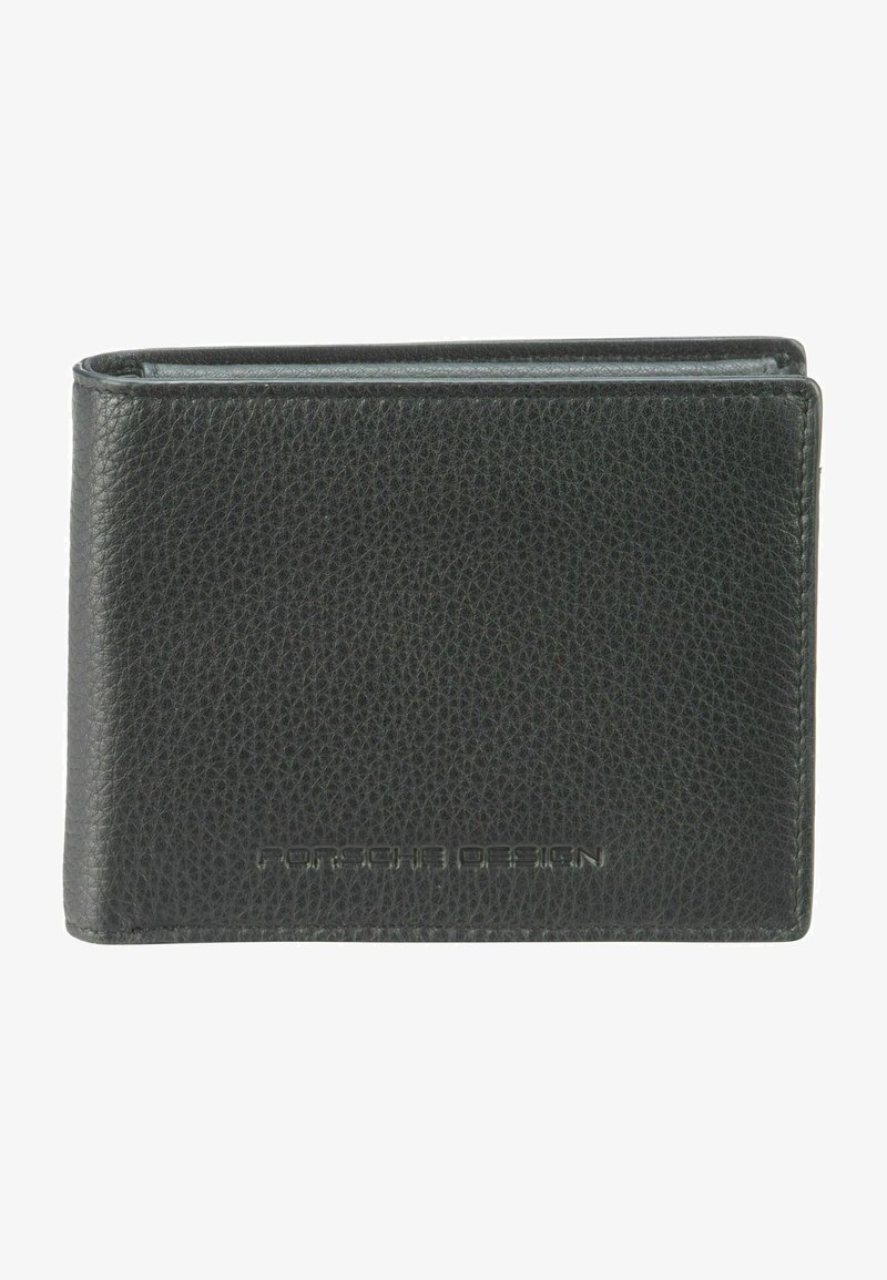 Portefeuille en cuir noir avec une finition texturée, dotée d'un design pliable et d'un logo embossé à l'avant, profil fin pour un rangement facile.