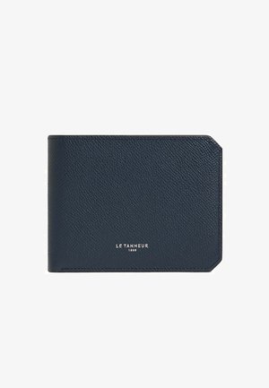 Leather wallet in dark navy, featuring a textured surface, rectangular shape, angled edge, and embossed brand logo in silver.