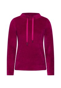 Pullover fuchsia con colletto alto, lacci e maniche lunghe; realizzato in tessuto testurizzato con una finitura morbida e un sottile motivo a coste.