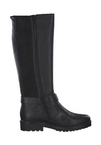 Bottes noires montantes en cuir lisse avec une fermeture éclair sur le côté, un panneau élastique et une semelle basse et robuste. Présente un détail de sangle près de la cheville.