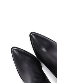 Scarpe in pelle nera con design a punta e texture liscia, caratterizzate da un leggero lucido e senza hardware o fantasie visibili.