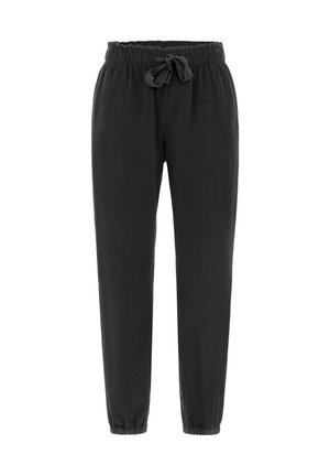 Pantaloni neri, leggeri, con vita elastica e cordino. Caviglie affusolate e una texture liscia. Design minimalista senza fantasie.