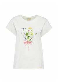 Biała bawełniana koszulka z krótkim rękawem z kwiatowym nadrukiem kolorowych kwiatów związanych różową wstążką na środku.
