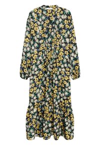 Kukallinen maxi-mekko pitkähihaisilla, kootulla vyötäröllä ja levenevällä helmalla. Sisältää keltaisia ja valkoisia kukkia tummalla taustalla, kevyt kangas.