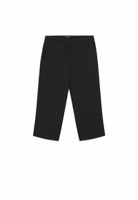 Mustat lyhyet suorat housut, joissa on etutaskut ja yksittäinen nappisuljenta. Tasainen kangas, jossa hienovarainen tekstuuri.