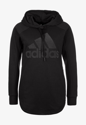 Haut à capuche noir à manches longues avec poche kangourou sur le devant, capuche à cordon et grand logo Adidas sombre sur la poitrine.