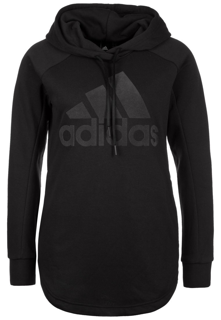 Haut à capuche noir à manches longues avec poche kangourou sur le devant, capuche à cordon et grand logo Adidas sombre sur la poitrine.