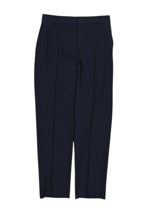 Pantalones de vestir azul marino entallados con trabillas para cinturón y corte recto en la pierna, mostrados planos sobre un fondo blanco.