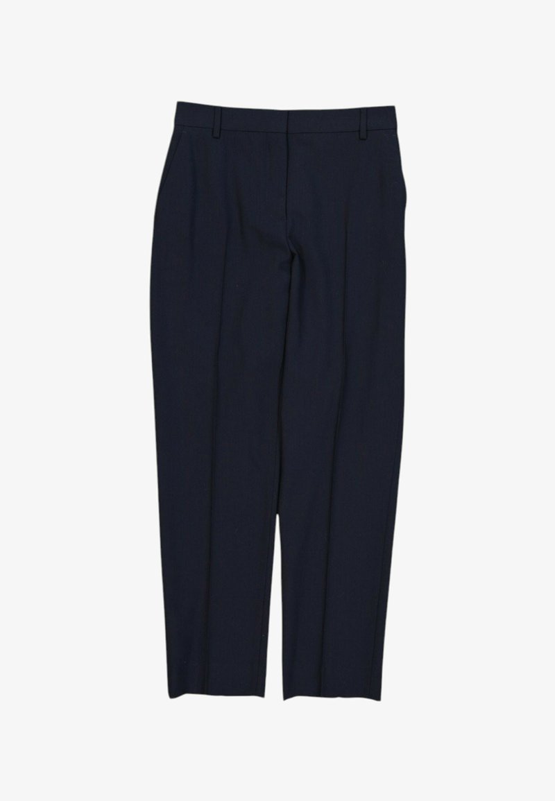 Pantalon de costume bleu marine ajusté avec passants de ceinture et coupe droite, présenté à plat sur fond blanc.