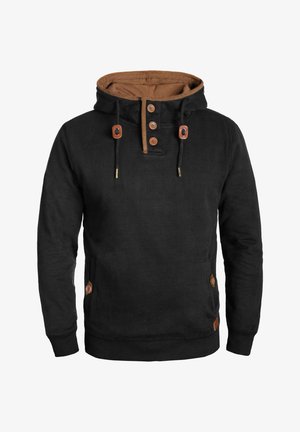 Black sweatshirt with a brown hood and collar, featuring three wooden buttons, drawstrings, and side pockets with brown accents.