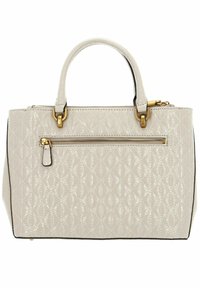 Sac à main matelassé beige clair avec quincaillerie dorée, double poignées et une poche zippée à l'avant. Présente une forme structurée et une texture lisse.
