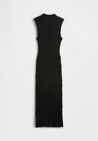 Schwarzes, geripptes Bodycon-Kleid mit hohem Ausschnitt, ärmellosem Design und langer Länge, das durchgehend aus strukturiertem Stoff gefertigt ist.