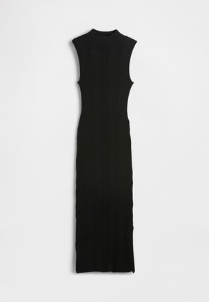 Vestido bodycon preto canelado com gola alta, design sem mangas e comprimento longo, com tecido texturizado em toda a peça.