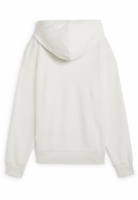 Felpa bianca con cappuccio, maniche lunghe e polsini a coste, vista da dietro su uno sfondo semplice.