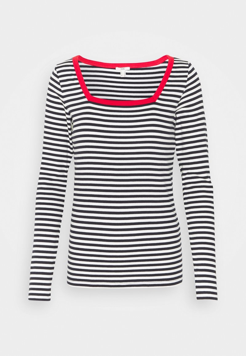 Svart- och vitrandig långärmad tröja med fyrkantig halsringning i röd. Tillverkad av ribbat material och med en slim-fit design.