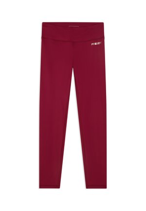 Mallas color burdeos de cintura alta y longitud completa con un pequeño logo blanco "FREDDY" en el lado superior izquierdo cerca de la cinturilla.