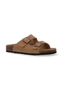 Brown suede slip-on sandal with two adjustable straps and metal buckles. Cork footbed, rubber sole, wide opening for comfort and breathability.
