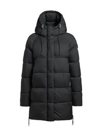 Manteau matelassé noir avec capuche, présentant un design matelassé, des boutons sur le devant, des accents à cordon de serrage et des fermetures éclair latérales. Texture lisse.