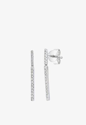 Hopeiset korvakorut, joissa on kaksi pitkänomaista tankoa, joissa toisella puolella on kirkkaat jalokivet, kiillotettu pinta ja takakiinnitys.