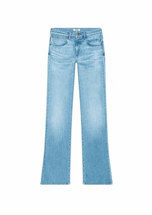 Jean évasé bleu clair en denim, avec un design classique à cinq poches, fermeture à bouton et un léger délavage sur le tissu.
