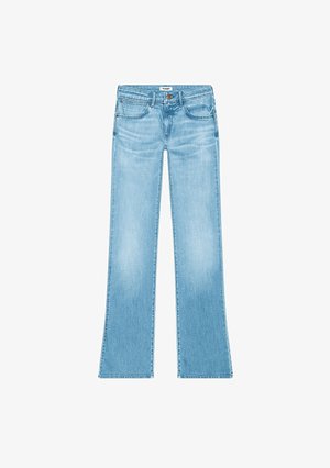 Lichtblauwe uitlopende jeans van denim, met een klassieke vijf-pocket ontwerp, knoopsluiting en subtiele vervagingen op de stof.