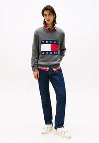 Gray sweater with "TOMMY JEANS" logo, a red and white block design. Paired with a red plaid shirt, blue jeans, and white sneakers.