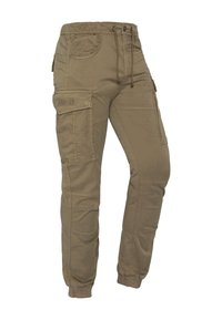 Pantalon cargo kaki avec poignets élastiques, taille à cordon, plusieurs poches dont une poche à rabat sur la cuisse gauche avec un détail brodé.