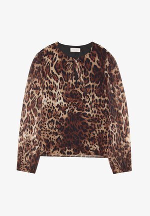 Bluzka w panterkę z okrągłym dekoltem i wiązaniem, z długimi, przezroczystymi rękawami. Materiał jest lekki i gładki w dotyku.