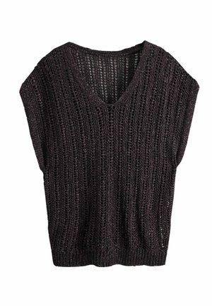 Fekete, nyitott kötésű, ujjatlan pulóver V-nyakkivágással és bordázott alsó résszel, laza, légáteresztő textúrával.