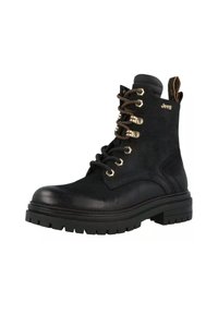 Stivaletto nero stringato in suede, con occhielli metallici, una suola in gomma spessa e una linguetta sul retro per facilitare l'indossamento.