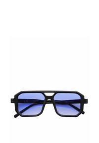 Occhiali da sole neri con montatura geometrica, lenti gradiente blu e finitura opaca. Caratteristiche includono un design angolare e aste laterali sottili.
