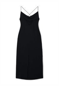 Schwarzes ärmelloses Kleid mit dünnen, kreuzenden Spaghetti-Trägern, einem V-Ausschnitt und einem Schlitz vorne. Glatter Stoff, taillierte Passform, knielange Länge.