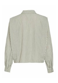 Ilgas rankovėmis palaidinė su vertikaliomis juodai baltomis juostomis, susegamomis rankogaliais ir smailia apykakle, rodoma iš nugaros.