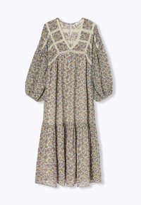 Robe fleurie avec un décolleté en V, des manches bouffantes et une jupe à volants. Fabriquée en tissu léger avec une texture douce dans des couleurs pastel.