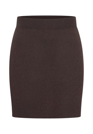 Bruine gebreide mini-jurk met een brede elastische tailleband. De stof heeft een subtiele textuur en een lichte glans, ontworpen voor een aansluitende silhouet.