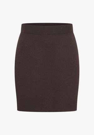 Gonna mini in maglia marrone con un ampio elastico in vita. Il tessuto presenta una leggera trama e una sottile lucentezza, progettato per una silhouette aderente.