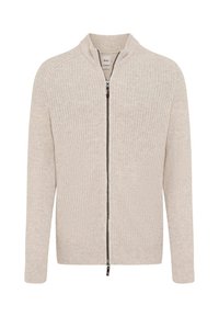 Beige gestrickte Zip-Cardigan mit Stehkragen, gerippter Textur, langen Ärmeln und einem dunklen Reißverschluss.