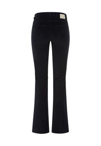 Pantalon en velours côtelé noir avec jambes évasées, poches arrière et étiquette beige sur la ceinture, présenté de dos sur un fond blanc.