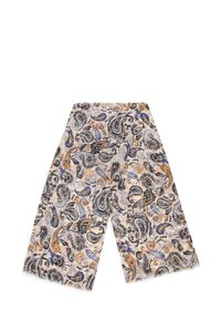 Sciarpa paisley multicolore in tessuto leggero, con motivi intricati in blu, arancione e nero, e orlo frangiato.
