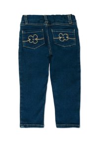 Pantaloni in denim blu scuro con una vita elasticizzata, caratterizzati da due tasche posteriori decorate con un ricamo a forma di fiore giallo.